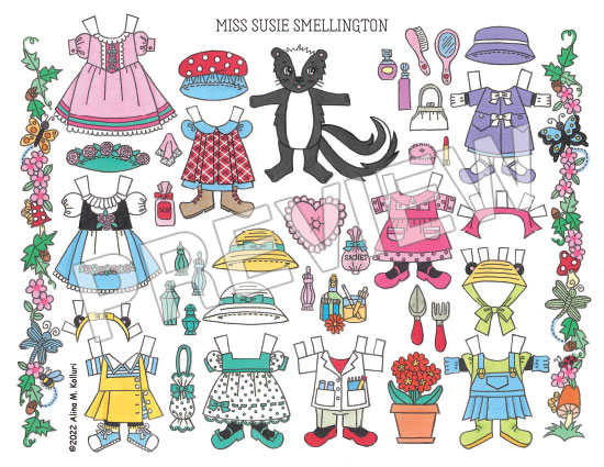 Miss Susie Smellington Paper Doll & Play Scene by Alina Kolluri